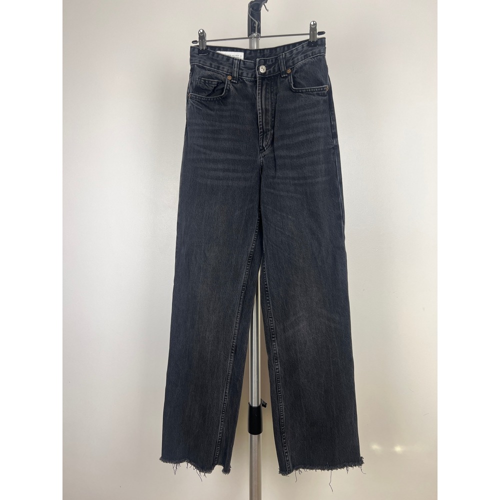 Zara High Waisted Straight Leg Jeans Washed Black Raw Hem Size 2